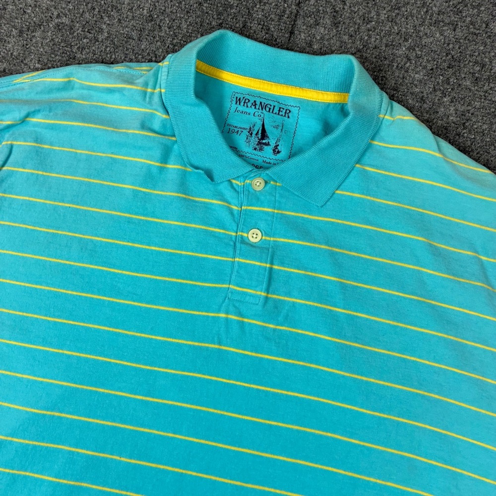 Wrangler Jeans Co Mens 2XL Turquoise Blue Yellow Striped‎ Cotton Polo Shirt 1533 - Picture 2 of 5